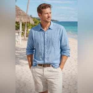 Tommy Bahama Linen Tencel Blue Check Button Down Shirt XL Coastal Resort Vacay